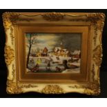 A Continental painted porcelain panel, after Breughel, Winter Country, 17.5cm x 23.5cm, framed