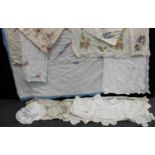 Textiles - hand embroidered linen tablecloths, including Crinoline Lady, others; Mary Card lace