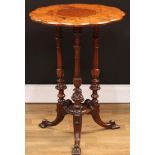 A Victorian walnut and mahogany wine table, rounded dodecagonal top centred by a conforming burr