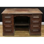 Industrial Salvage - an early-mid 20th century factory kneehole desk, 76.5cm high, 126cm wide,