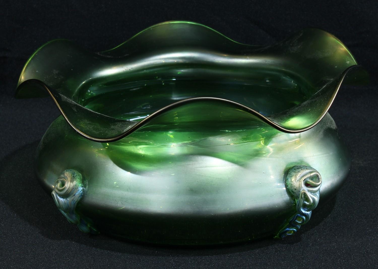 An Art-Nouveau 'Kralik' style style green glass centre bowl/jardiniere, approx. 24cm diameter