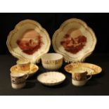 A pair of Derby shell-shaped dessert dishes, painted en iron red camaïeu with Picturesque and