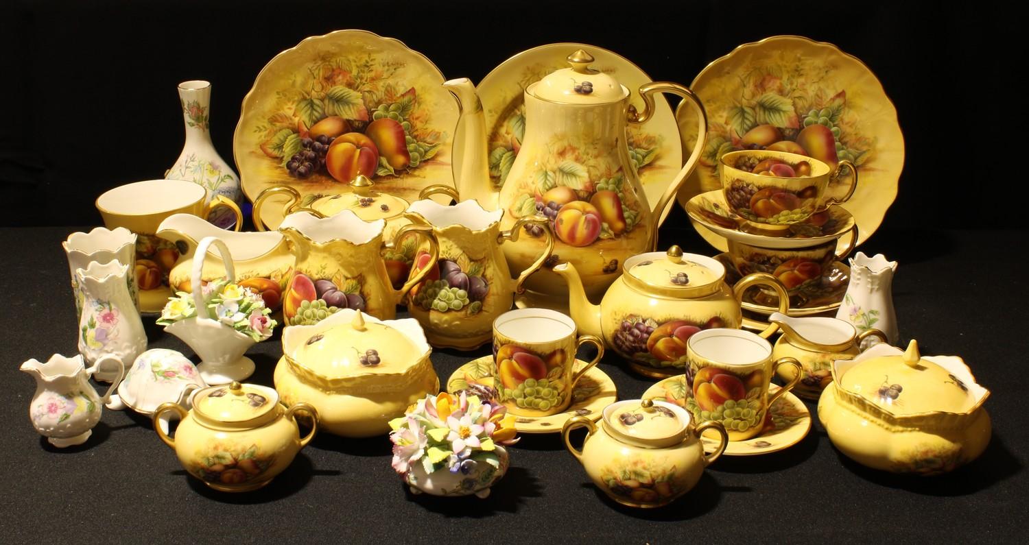 An Aynsley Orchard Gold pattern coffee pot, sucrier and cover, cream jug, pair of coffee cans and