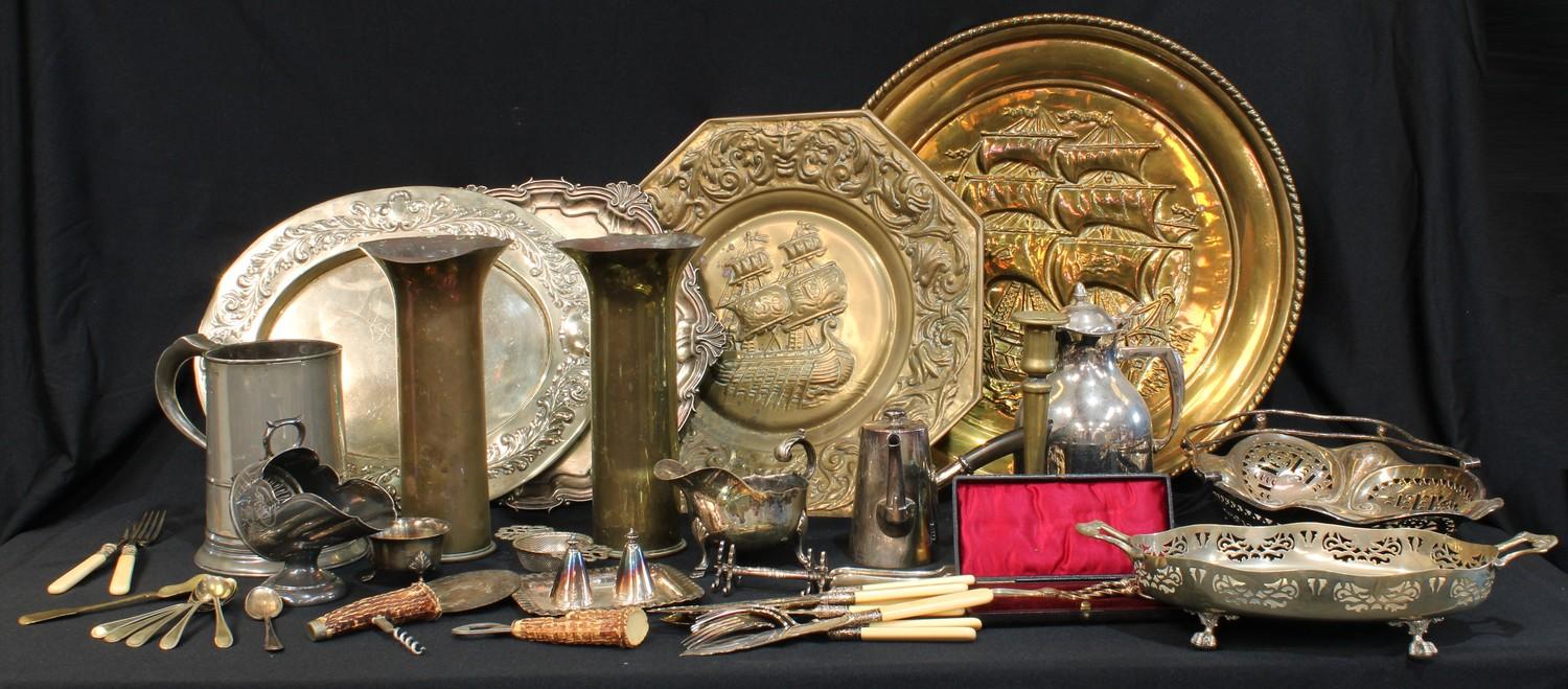 Metalware - silver plated ware; a George III pewter mug; a pair of trench art shell case vases; etc