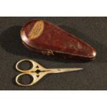 A pair of 19th century leather cased needlework scissors, London J & J Morton Cutlers