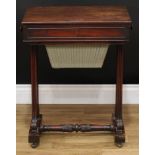 A William IV mahogany work table, rectangular top above a frieze drawer and a sarcophagus shaped