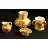 An early 20th century Royal Worcester squat vase, 8cm high; others, similar, loving cup, miniature