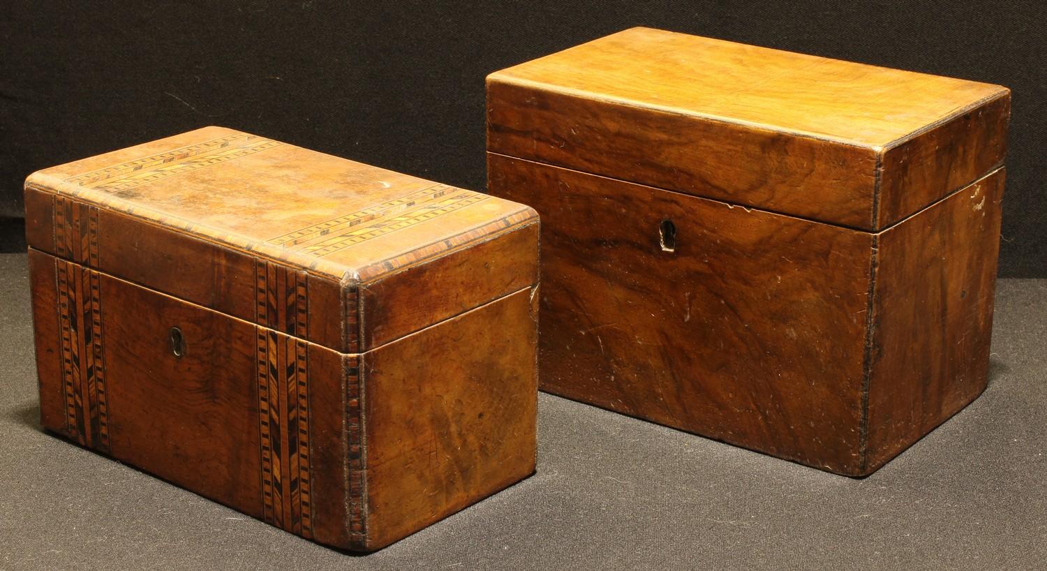 A Victorian Tunbridge ware tea caddy; another, mahogany (2)