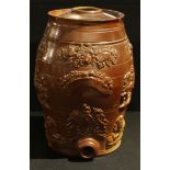 A 19th century brown salt glazed stoneware spirit barrel, applied in relief with Royal Crest,