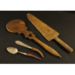A Victorian antler-hafted EPNS preserve spoon and butter, the spoon 20cm long, c. 1870; Treen - a