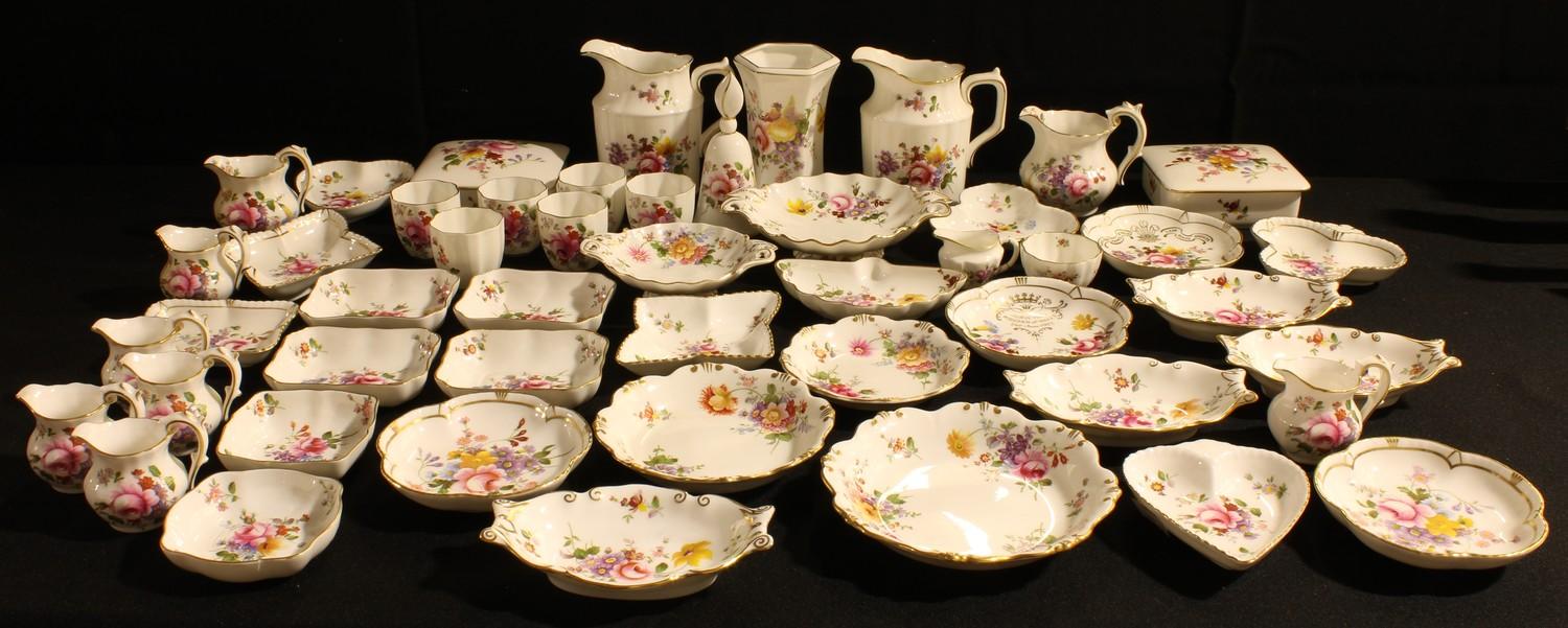 A Royal Crown Derby Posie pattern hexagonal vase, candle snuffer, six eggcups, miniature milk jug