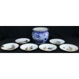 A 19th century blue and white Oriental jardiniere; six mid-20th century Oriental plates (7)