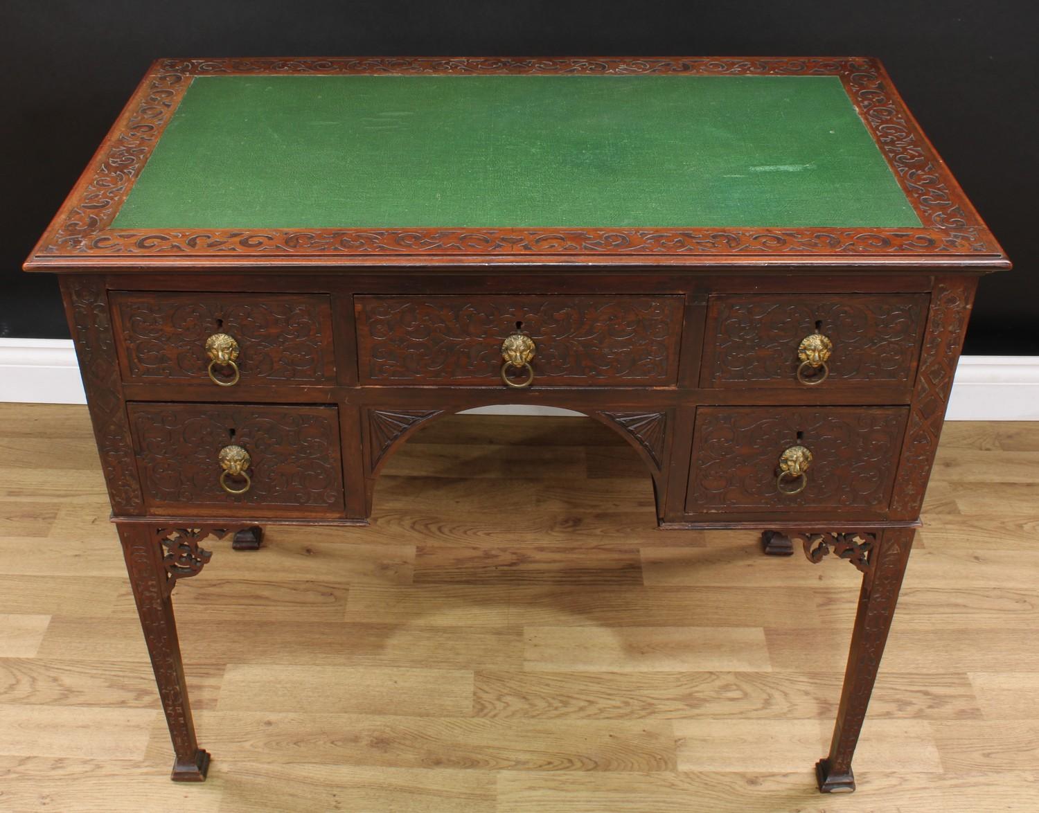 A Chinese Chippendale Revival room centre writing table, rectangular top with inset writing surface,