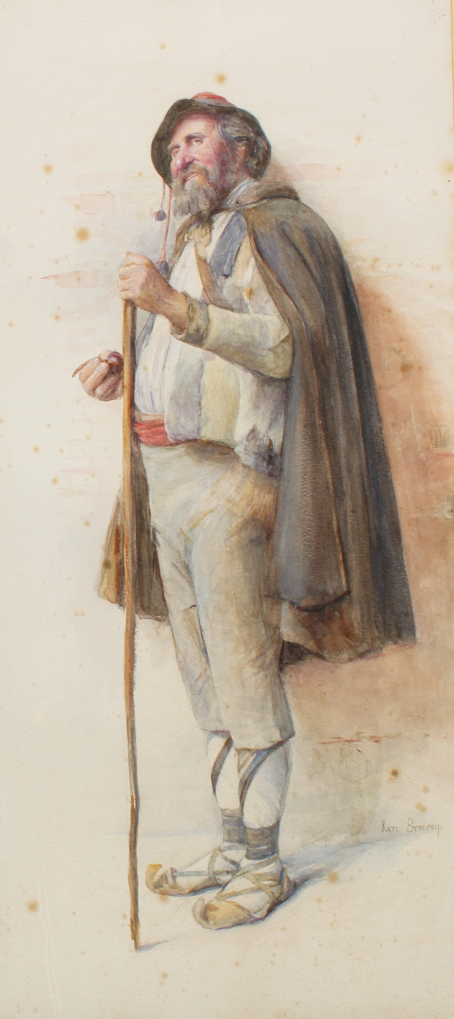 Kate Breary (19th century) Italian Figure Holding Staff signed, watercolour, 66cm x 30cm - Image 2 of 3