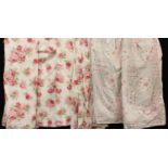 Textiles - two pairs of floral curtains, roses; a pair of floral and chequered curtains