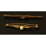 A 9ct gold and pearl bar brooch, 2.9g; an 8ct gold bar brooch, set with a clear stone, 3g (2)