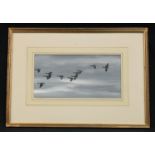 John Hubbard Wild Geese in Flight signed, oil, 14.5cm x 29.5cm