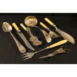 A set of Victorina fish servers, pierced blades; an EPNS Old English pattern ladle; serving spoon;