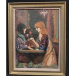 Gerald Rapson Girls Talking signed, oil, labelled to verso, 37.5cm x 27.5cm