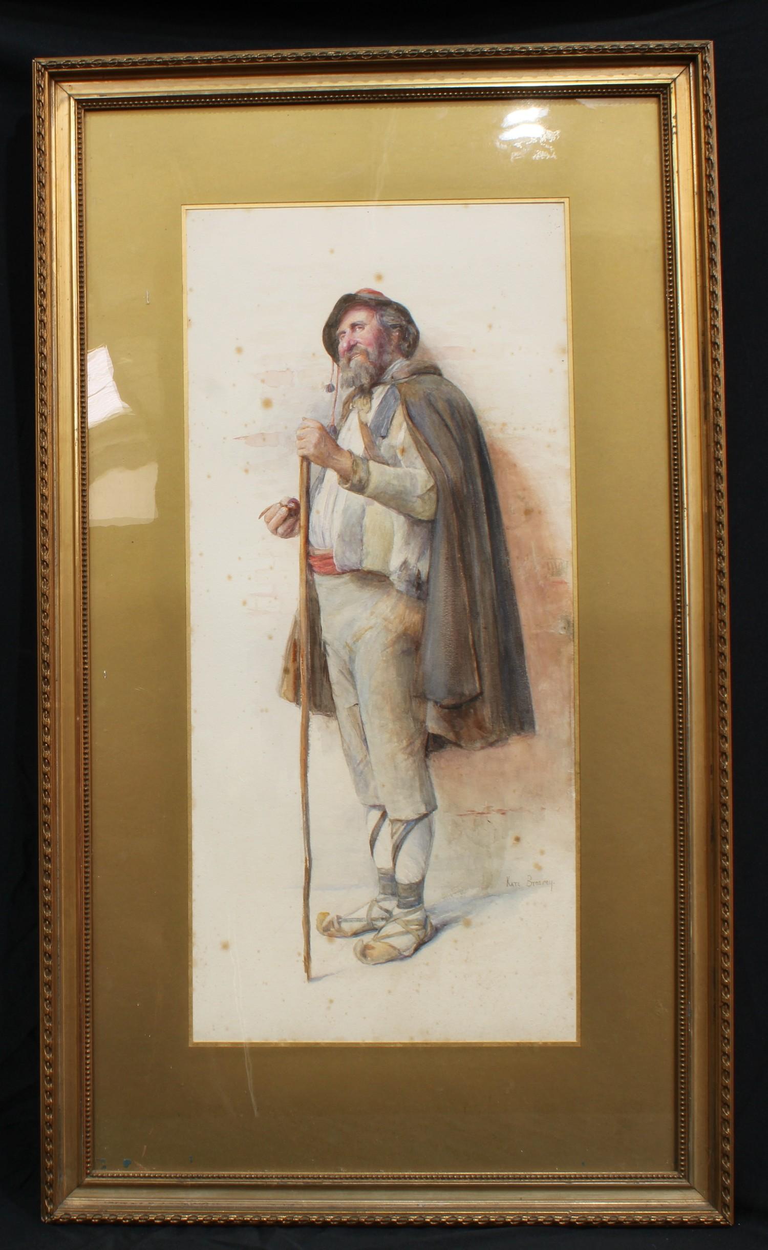 Kate Breary (19th century) Italian Figure Holding Staff signed, watercolour, 66cm x 30cm