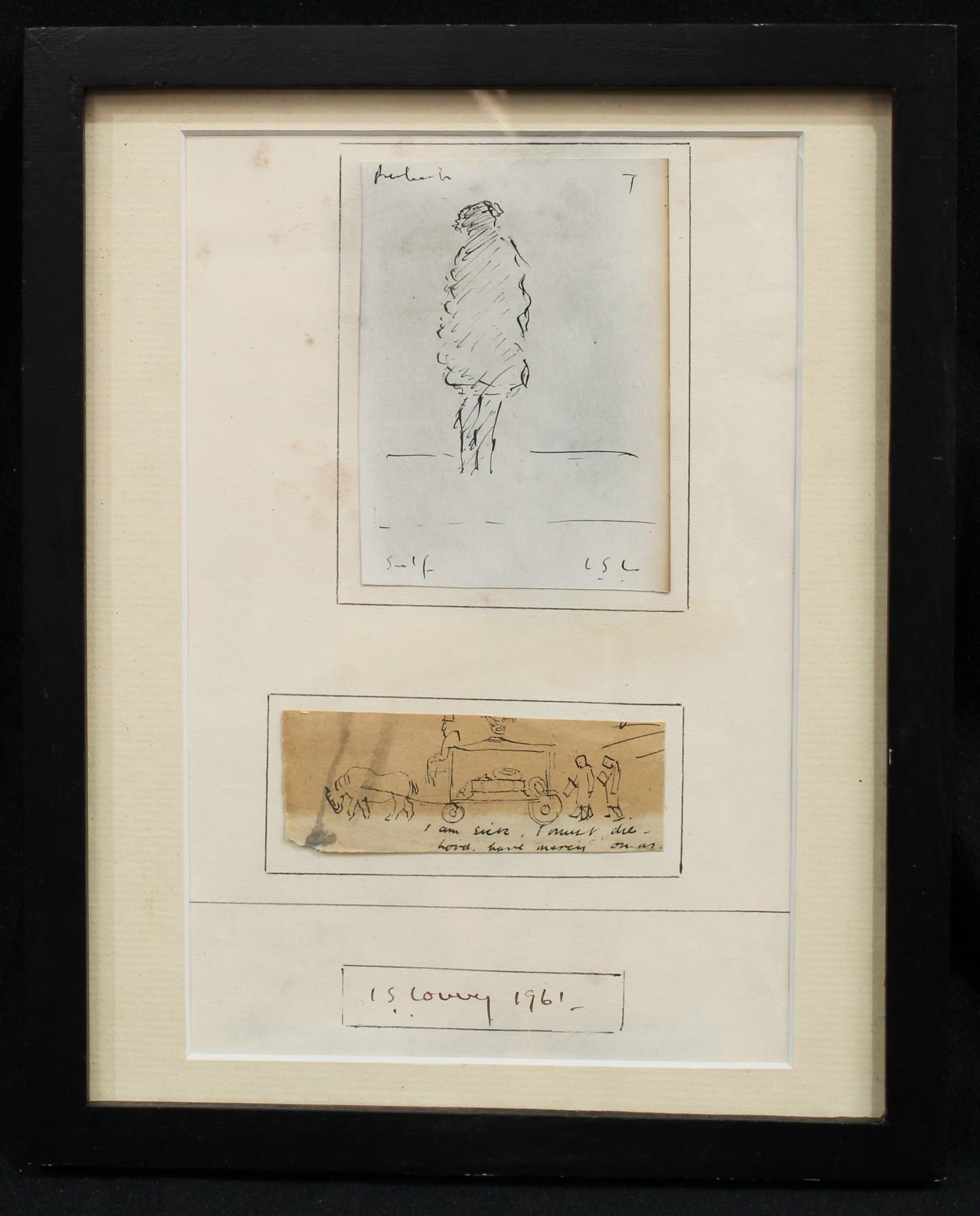 After Lowry Figure and Funeral Carriage, two pencil sketches mounted as one, 22cm x 14.5cm