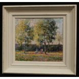 Impressionist School Figures Seated Beneath Trees indistinctly signed, oil on board, 29cm x 32cm