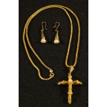 An 18ct gold necklace with unmarked cross pendant, 17g; a pair of unmarked gold earrings, probably