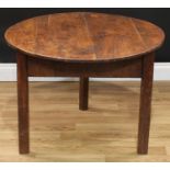 A 19th century oak cricket table, circular top, chamfered legs, 55.5cm high (reduced), 77cm diameter