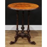 A Victorian walnut and mahogany wine table, quarter-veneered circular top with moulded edge,