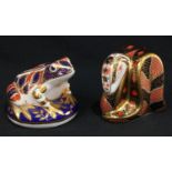 A Royal Crown Derby paperweight, Old Imari Snake, gold stopper; another, Frog, silver stopper (2)