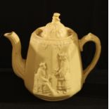A 19th century Staffordshire teapot, relief moulded with Chinese figures, 20cm high