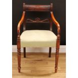 A 19th century Regency design open armchair, curved cresting rail, shaped and pierced bar back,