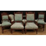 A late Victorian Eastlake design seven piece drawing room suite, comprising chaise longue, 77cm