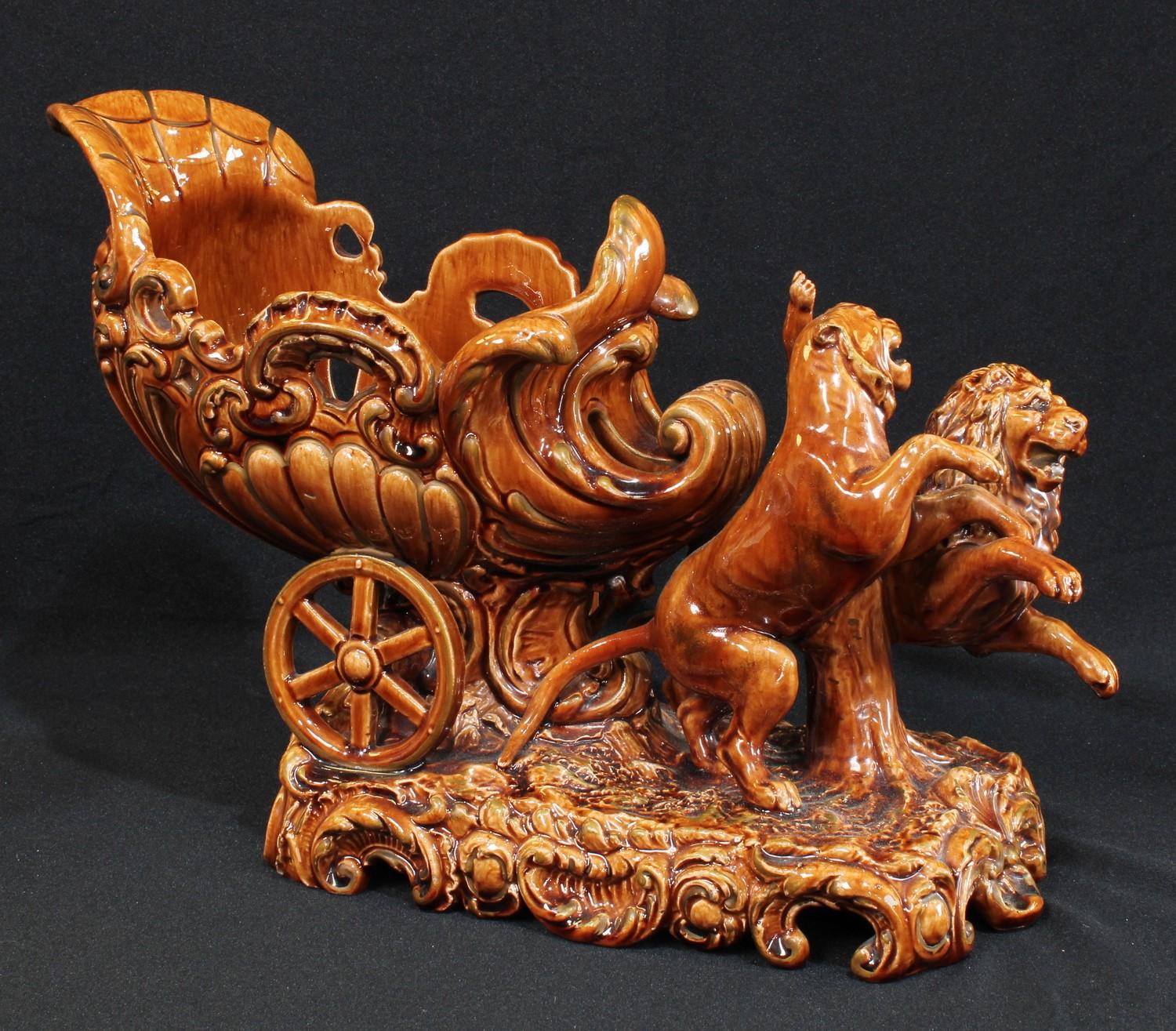 A late 19th/early 20th century Continental brown glazed Majolica type planter, modelled as a lion - Image 2 of 2