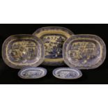 A large Willow pattern meat plate, 53cm, c.1900; others smaller (5)