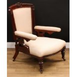 A Victorian mahogany drawing room armchair, 95.5cm high, 68cm wide, the seat 41cm wide and 63cm