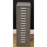 Industrial Salvage - a Stor fifteen drawer factory office filing cabinet, 89.5cm high, 29cm wide,