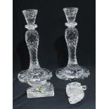 A pair of Waterford crystal candlesticks, 25cm; a Waterford model of a seahorse (3)