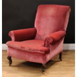 A Howard style easy armchair, scroll back, scroll arms, stuffed-over upholstery, 90cm high, 80cm