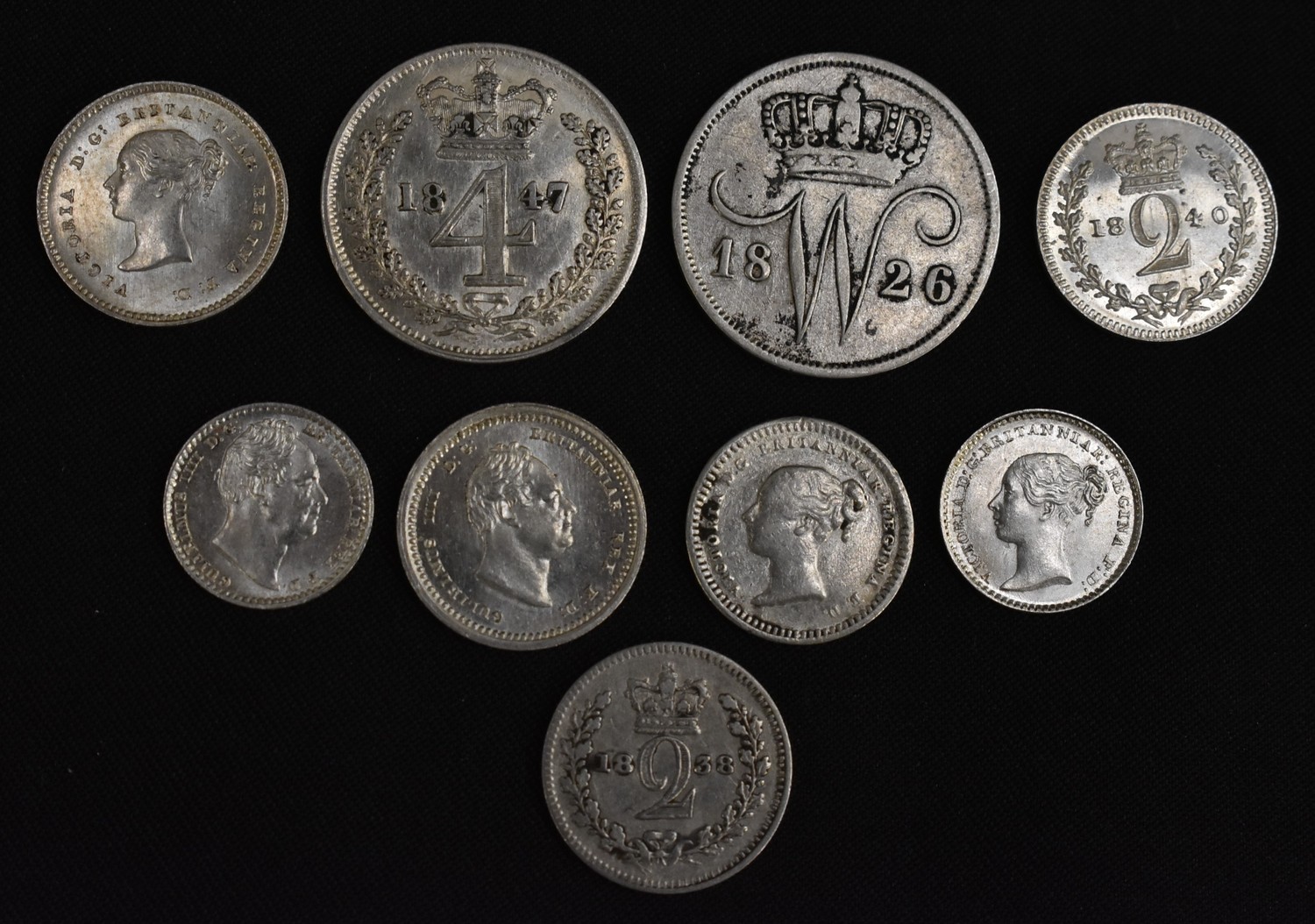 Coins, GB, William IV, AR, 1837, Maundy 2d & 1d, EF, (2); Victoria, AR, 1847, Maundy 4d, 2d & 1d,