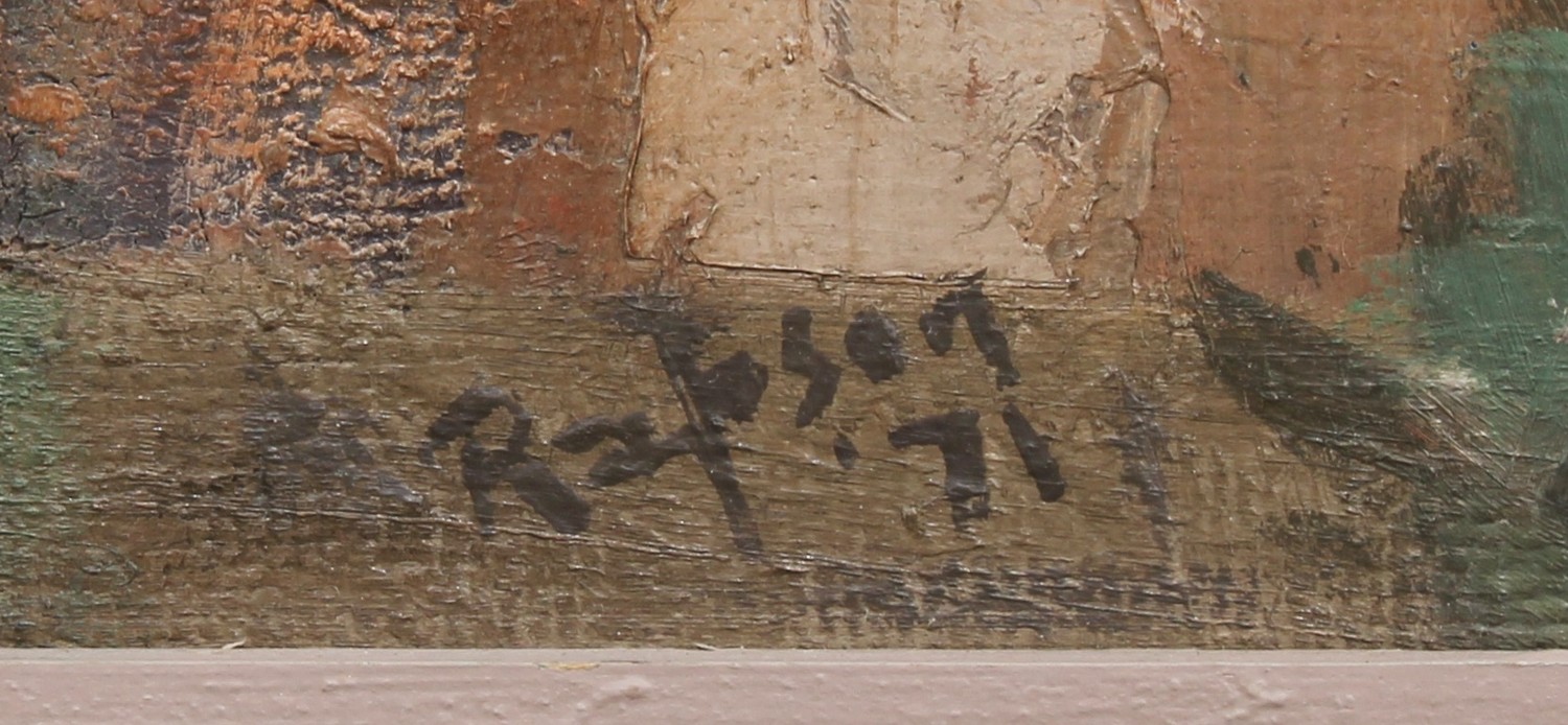 Gerald Rapson Catching Up signed, oil, labelled to verso, 37.5cm x 27.5cm - Bild 3 aus 3