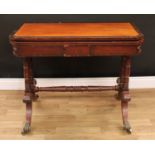 A William IV coromandel crossbanded mahogany card table, chamfered rectangular top enclosing a baize