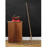 A 19th century hay rake; a tool cabinet, 76cm high, 51cm wide, 18cm deep; a set of balance scales (