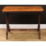 A late Victorian/Edwardian oak centre table, chamfered rectangular top, ring-turned supports and