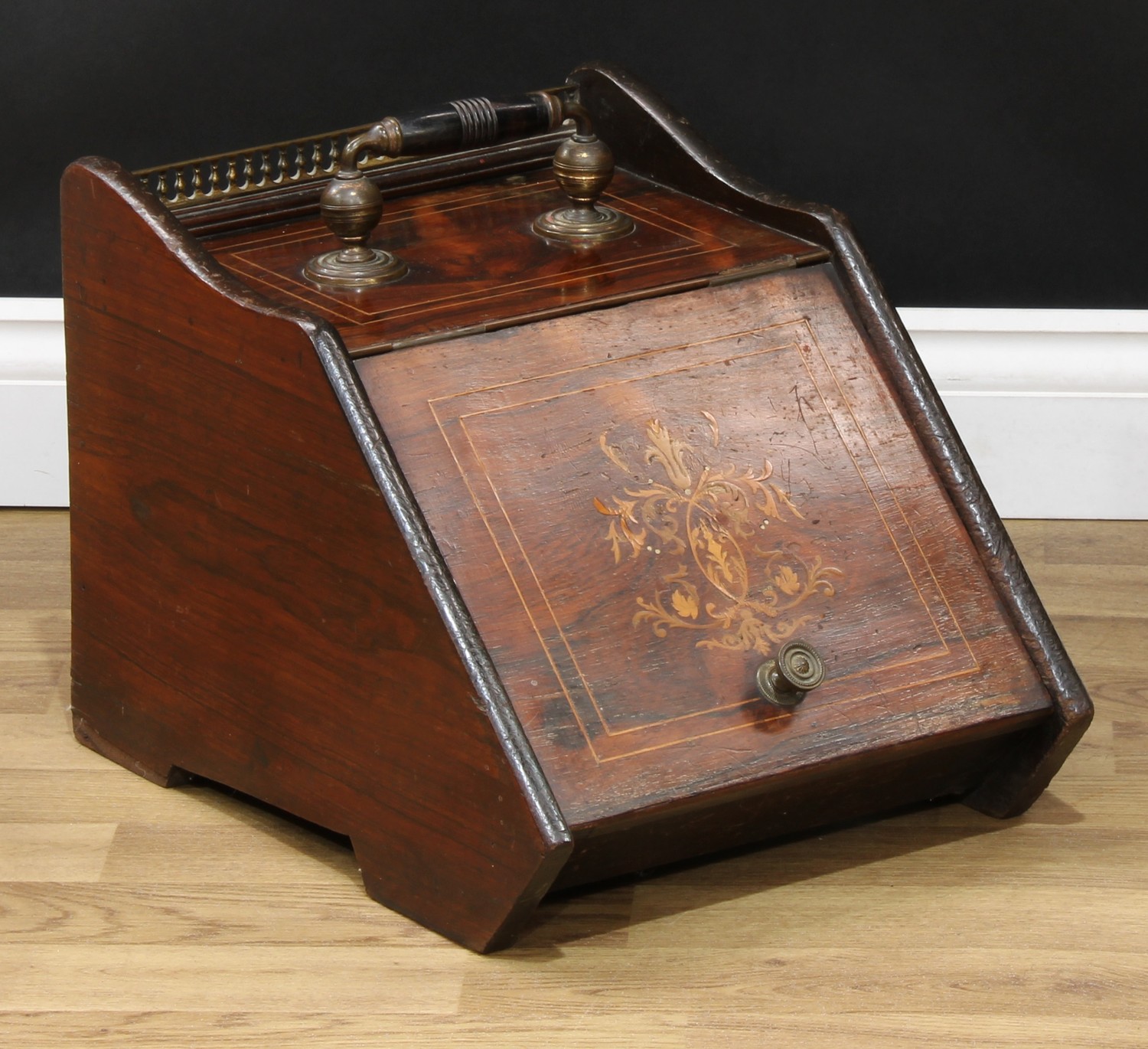 A Victorian rosewood and marquetry purdonium coal box, 32cm high, 33cm wide, 44.5cm deep, c.1875