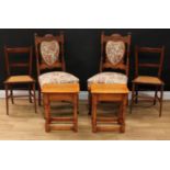 A pair of 'late Victorian' oak side chairs, 99cm high, 48cm wide, the seat 39cm deep; a pair of