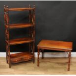 A contemporary American-Victorian style open bookcase, two short drawers to apron, 123cm high,