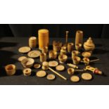 Treen - a collection of boxwood miniature domestic vessels and utensils, various trenchers, a butter