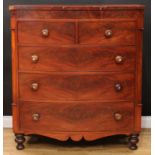 A Victorian mahogany bow front chest, slightly oversailing top above two short and three long