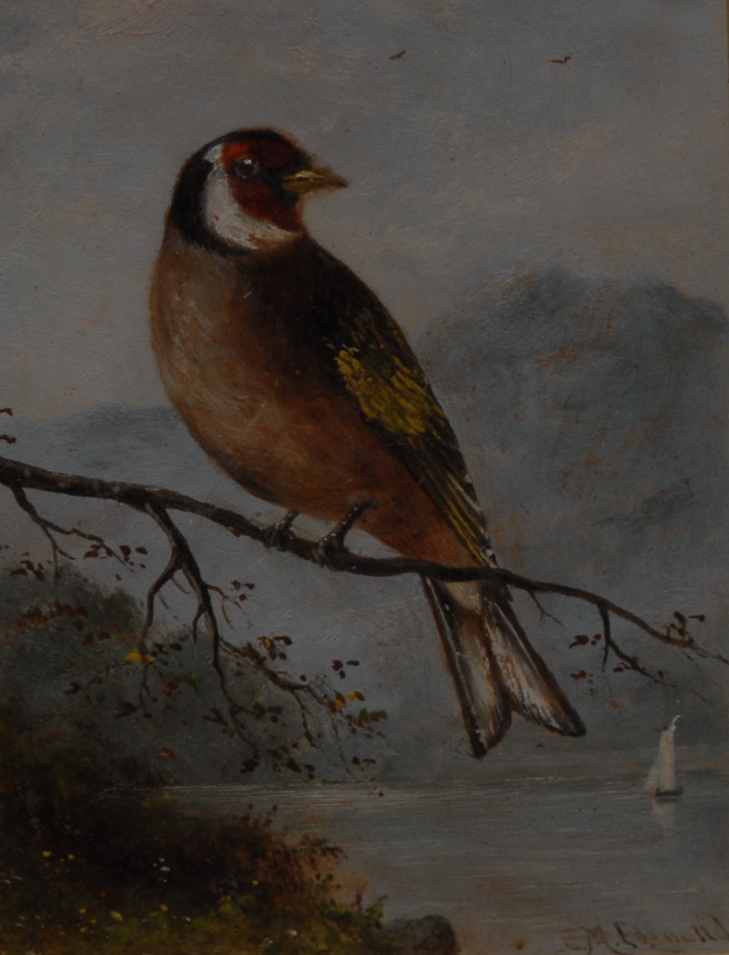 E M Edmonds (19th century) Ornithological Study, A Finch in a Landscape signed, oil on board, 13cm x